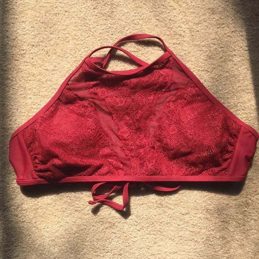 Deep Red Sheer Lace Bikini Top - Picture 1 of 3